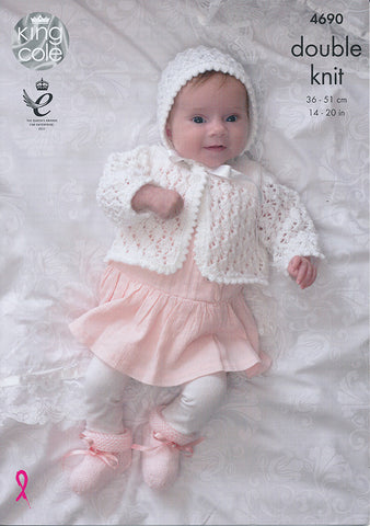 Matinee Coat, Double Breasted Matinee Jacket, Cardigan, Bonnet, Hat and Bootees in King Cole Comfort DK (4690)