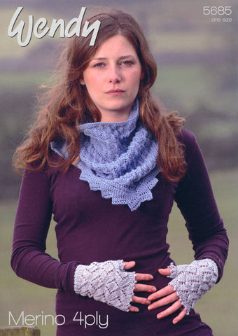 Lacy Triangular Scarf and Fingerless Mitts in Wendy Merino 4 Ply (5685)