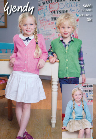 Child's V-neck Sweater, Cardigan & Waistcoat in Wendy Supreme Luxury Cotton DK (5880)