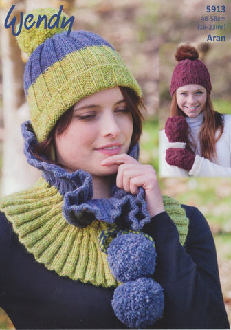 Hat, Mitts, Two Tone Hat and Cowl in Wendy Cairn Aran (5913)