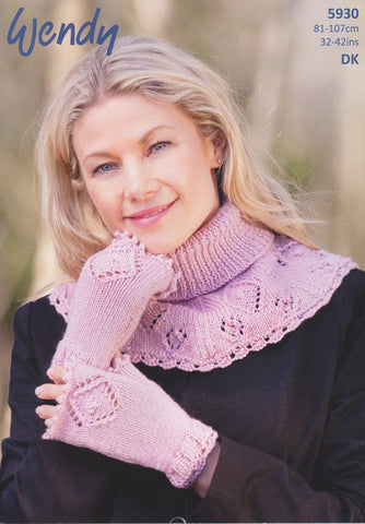 Lace Pattern Neck Warmer and Fingerless Mitts in Wendy Merino DK (5930)