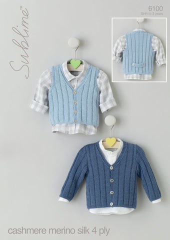 Baby Boys V Neck Cardigan and Waistcoat in Sublime Baby Cashmere Merino Silk 4 Ply (6100) - Digital Version