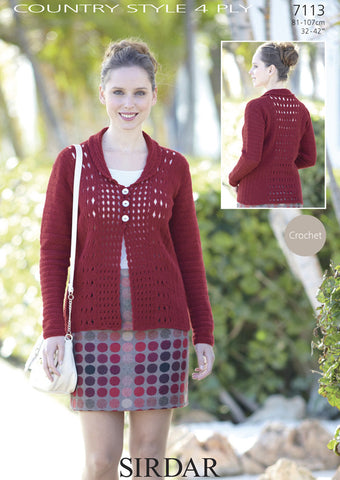 Womens Shawl-Collar Crochet Cardigan in Sirdar Country Style 4 Ply (7113)