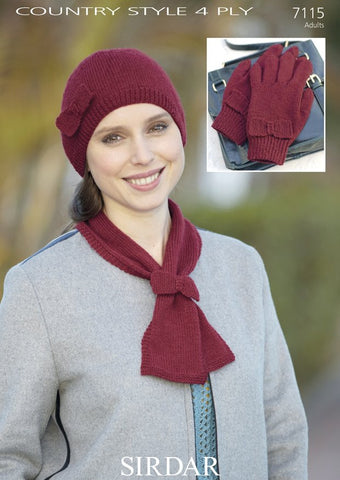 Womens Hat, Scarf and Gloves Accessories Set With Bow Detail in Sirdar Country Style 4 Ply (7115)