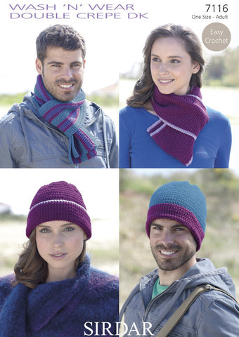 Easy Crochet Hat and Scarf Sets in Sirdar Wash 'n' Wear Double Crepe DK (7116)