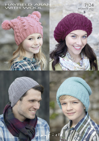 T-Bag, Ribby and Slouchy Pull-On Hats and a Cabled Beret  in Hayfield Aran With Wool (7124)