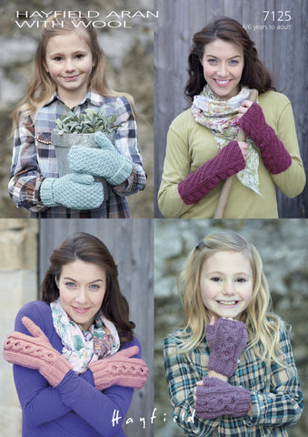 Moss-Stitch and Cabled Mittens, Cabled and Diagonal Pattern Wrist-warmers in Hayfield Aran With Wool (7125)