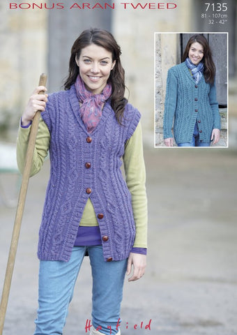 Womens Shawl Collared Waistcoat and Cardigan with Cable Panel in Hayfield Bonus Aran Tweed (7135)