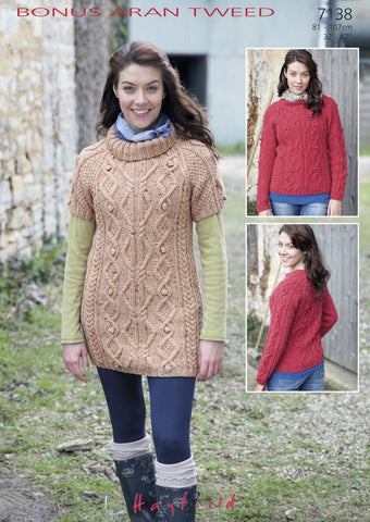 Womens Long Sleeved Round Neck Sweater and Sleeveless Cowl Neck Tunic in Hayfield Bonus Aran Tweed (7138)