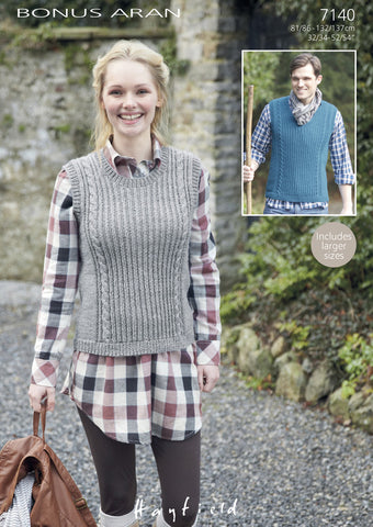 His & Hers V-Neck and Round Neck Tanks in Hayfield Bonus Aran (7140)
