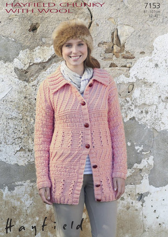 Womens Longline Flat-Collared Coat in Hayfield Chunky with Wool (7153)