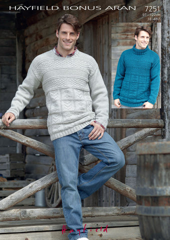 Mens Round and Polo Neck Sweaters in Hayfield Bonus Aran (7251) - Digital Version