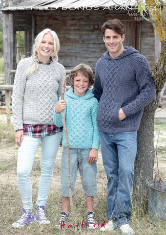 Boys and Mens Hooded Sweater and Womens Round Neck Sweater in Hayfield Bonus Aran (7254)