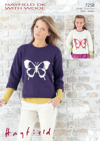 Girls and Womens Round Neck Butterfly Motif Sweater in Hayfield DK With Wool (7258)