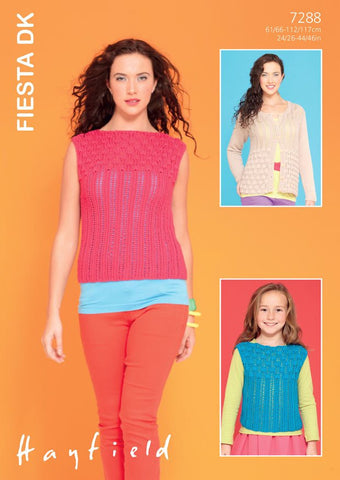 Womens and Girls Round Neck Cardigan and Slash-Neck Top in Hayfield Fiesta DK (7288)