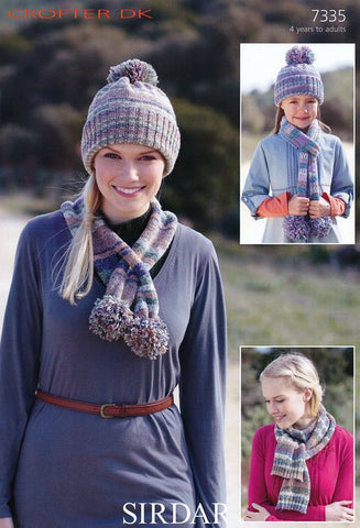 Pull on Hat and Scarves with Pom Poms/Ribbed Ends in Sirdar Crofter DK (7335)