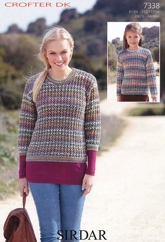 Girls Long Sleeved Sweater and Womens 3/4 Sleeved Sweater in Sirdar Crofter DK (7338)