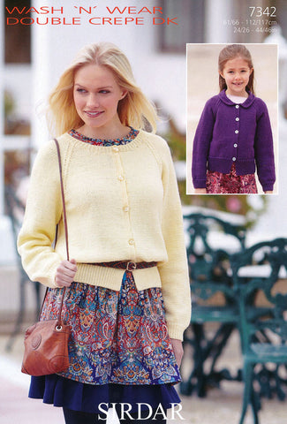 Womens Round Neck and Girls Collared Cardigans in Sirdar Wash 'n' Wear Double Crepe DK (7342)