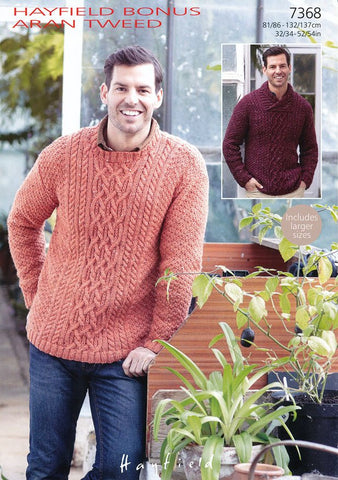 Mens Round Neck and Mens Wrap Neck Sweater in Hayfield Aran Tweed (7368)