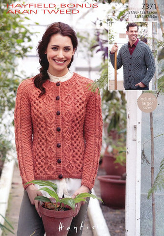 Womens Round Neck and Mens V Neck Cardigan in Hayfield Bonus Aran Tweed (7371)