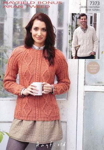 Womens Round Neck and Mens V Neck Sweaters in Hayfield Bonus Aran Tweed (7373)