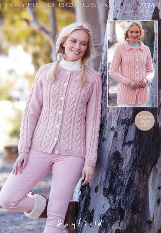 Womens Round Neck and Flat Collared Cardigans in Hayfield Bonus Aran (7374)