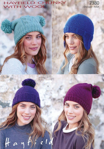 Pom-pom Hat, Helmet, Pull-On Hat and Slouchy Hat in Hayfield Chunky with Wool (7380)
