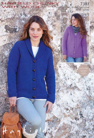 Womens V Neck and Shawl Collared Cardigan in Hayfield Chunky with Wool (7381)