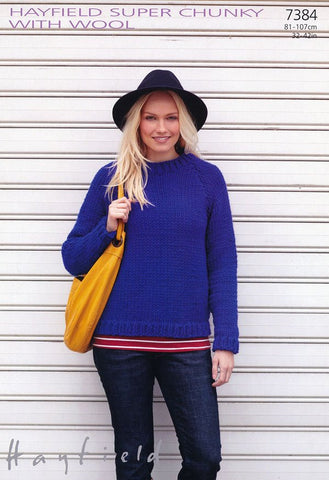 Womens Round Neck Sweater in Hayfield Super Chunky with Wool (7384)