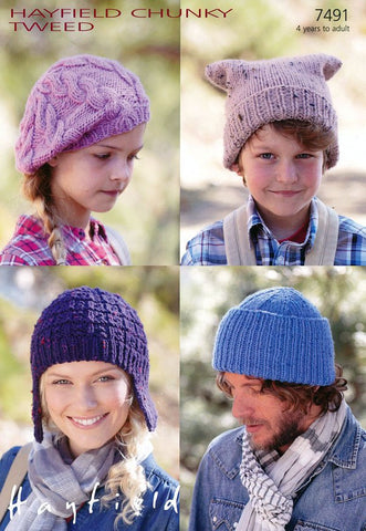 Watch Cap, Helmet, T-Bag Hat and Beret in Hayfield Chunky Tweed (7491)