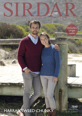 Round Neck and V Neck Sweater in Sirdar Harrap Tweed Chunky (7848)