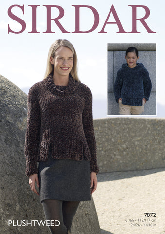 Cowl Neck and Hooded Sweater in Sirdar Plushtweed (7872)