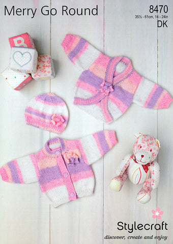 Hat, Crew Neck Cardigan and Curved Hem Cardigan in Stylecraft Wondersoft Merry Go Round DK (8470)