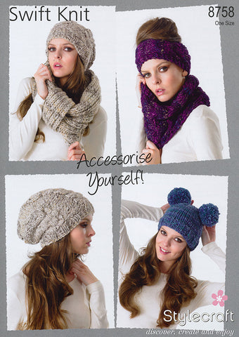 Hats, Headband, Neckwarmer and Snood in Stylecraft Swift Knit (8758)