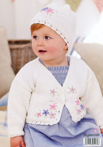Embroidered Cardigan & Hat in Stylecraft Lullaby DK (9172)