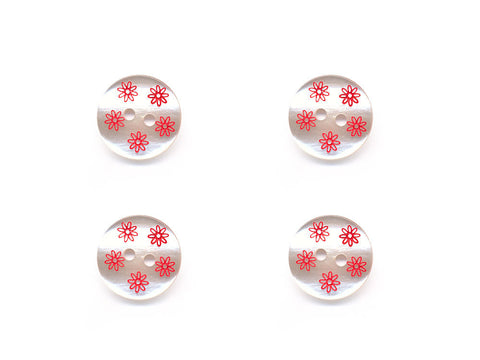 Round Pearl Effect Flower Print Buttons - Cream & Red - 966
