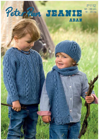 Cabled Sweater, Hat and Scarf in Peter Pan Jeanie Aran (P1112) Digital Version