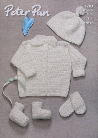 Crochet Jacket, Hat, Mitts and Bootees in Peter Pan DK (P1249)