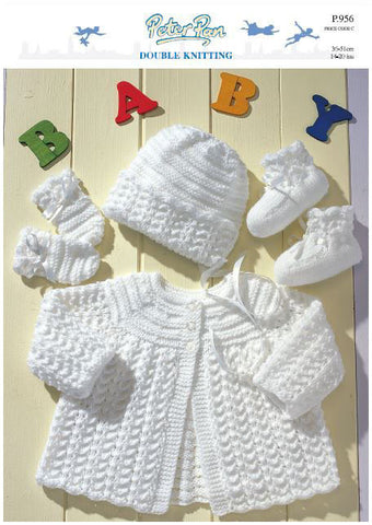 Matinee Coat, Bonnet, Mittens and Bootees in Peter Pan DK (P956) Digital Version