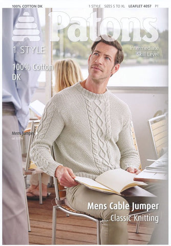 Mens Cable Jumper in Patons 100% Cotton DK (4057)