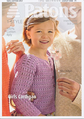 Girls Cardigan in Patons 100% Cotton 4 Ply (4068)